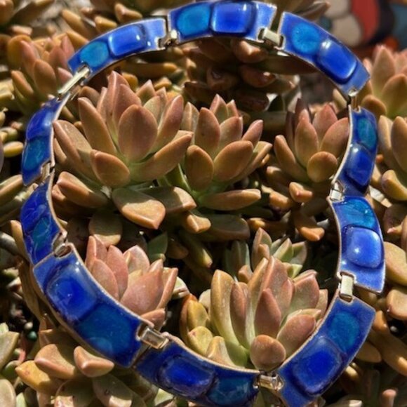 KAY DENNING Blue Fused Glass Copper Enamel Choker NECKLACE - Picture 1 of 11